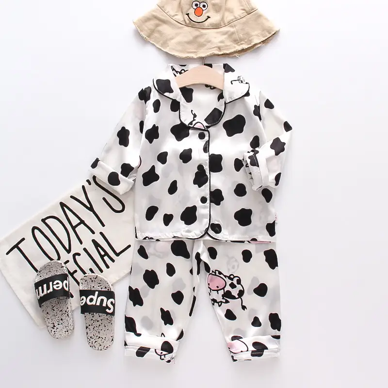 A Set of Satin Fabric Children's Clothing for Boys and Girls, Long-Sleeved Solid Color Pajamas, Home Wear, Parent-Child Matching Outfits, Trendy Style
