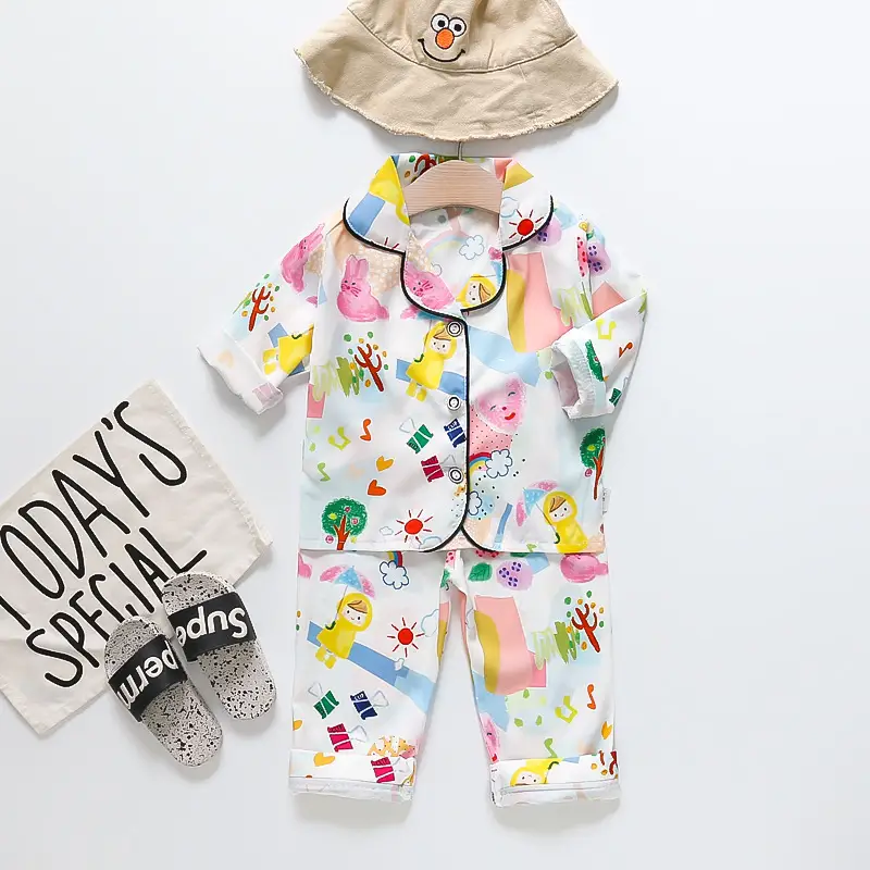 A Set of Satin Fabric Children's Clothing for Boys and Girls, Long-Sleeved Solid Color Pajamas, Home Wear, Parent-Child Matching Outfits, Trendy Style