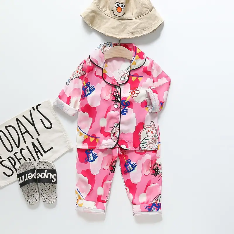A Set of Satin Fabric Children's Clothing for Boys and Girls, Long-Sleeved Solid Color Pajamas, Home Wear, Parent-Child Matching Outfits, Trendy Style