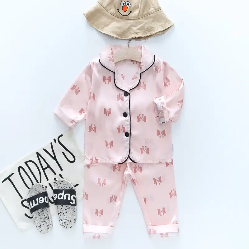 A Set of Satin Fabric Children's Clothing for Boys and Girls, Long-Sleeved Solid Color Pajamas, Home Wear, Parent-Child Matching Outfits, Trendy Style