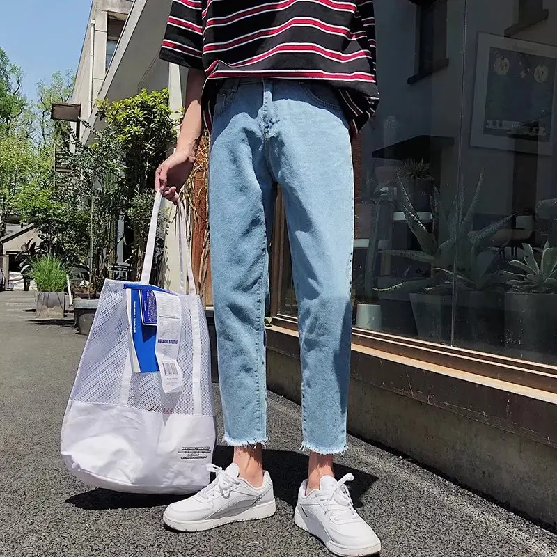 Harajuku Frayed Ankle Jeans Men Summer Skinny Pants - Image 2