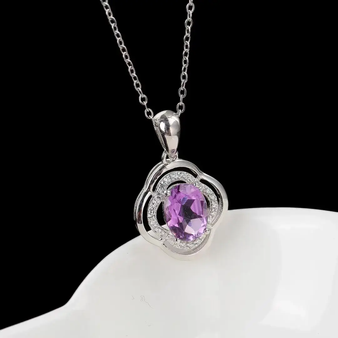 Natural Amethyst Pendant 925 Silver Necklace - Image 3