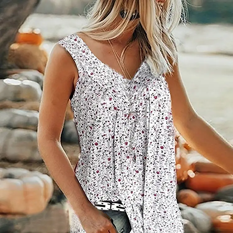 Women Printed V-Neck Tops Pink Large Size - Image 11