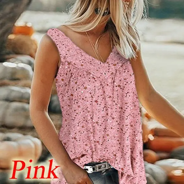 Women Printed V-Neck Tops Pink Large Size - Image 2