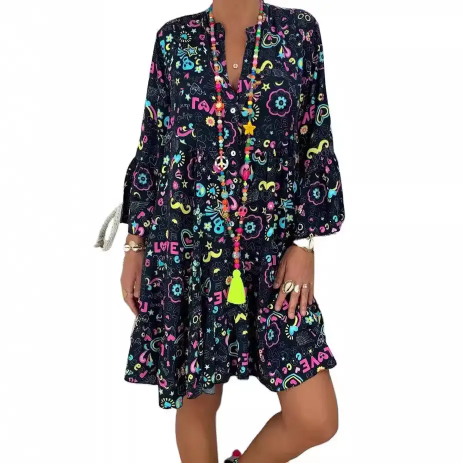 AliExpress V-Neck Printed Lotus Leaf Sleeve Dress Multi Color Large - Image 19