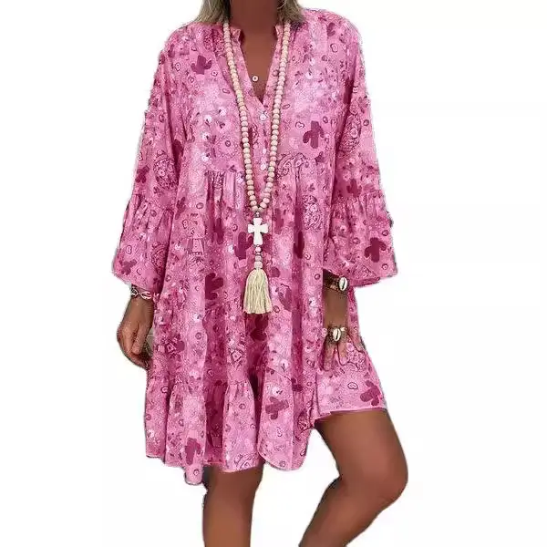AliExpress V-Neck Printed Lotus Leaf Sleeve Dress Multi Color Large - Image 20