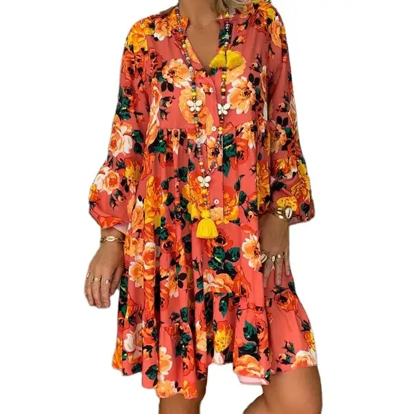 AliExpress V-Neck Printed Lotus Leaf Sleeve Dress Multi Color Large - Image 21