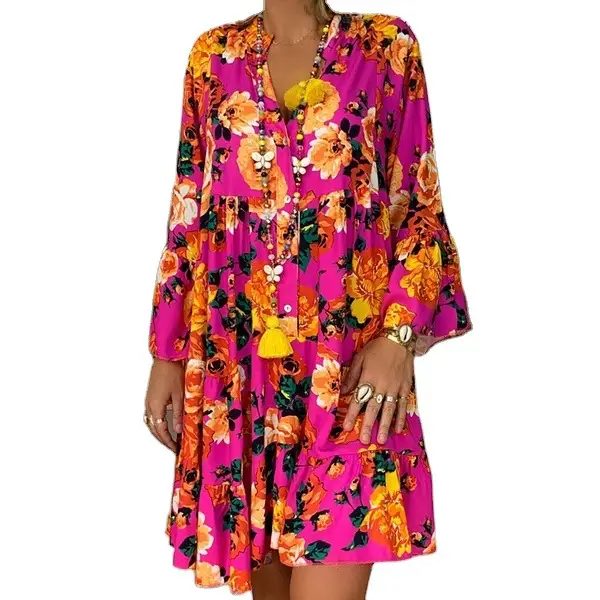 AliExpress V-Neck Printed Lotus Leaf Sleeve Dress Multi Color Large - Image 22