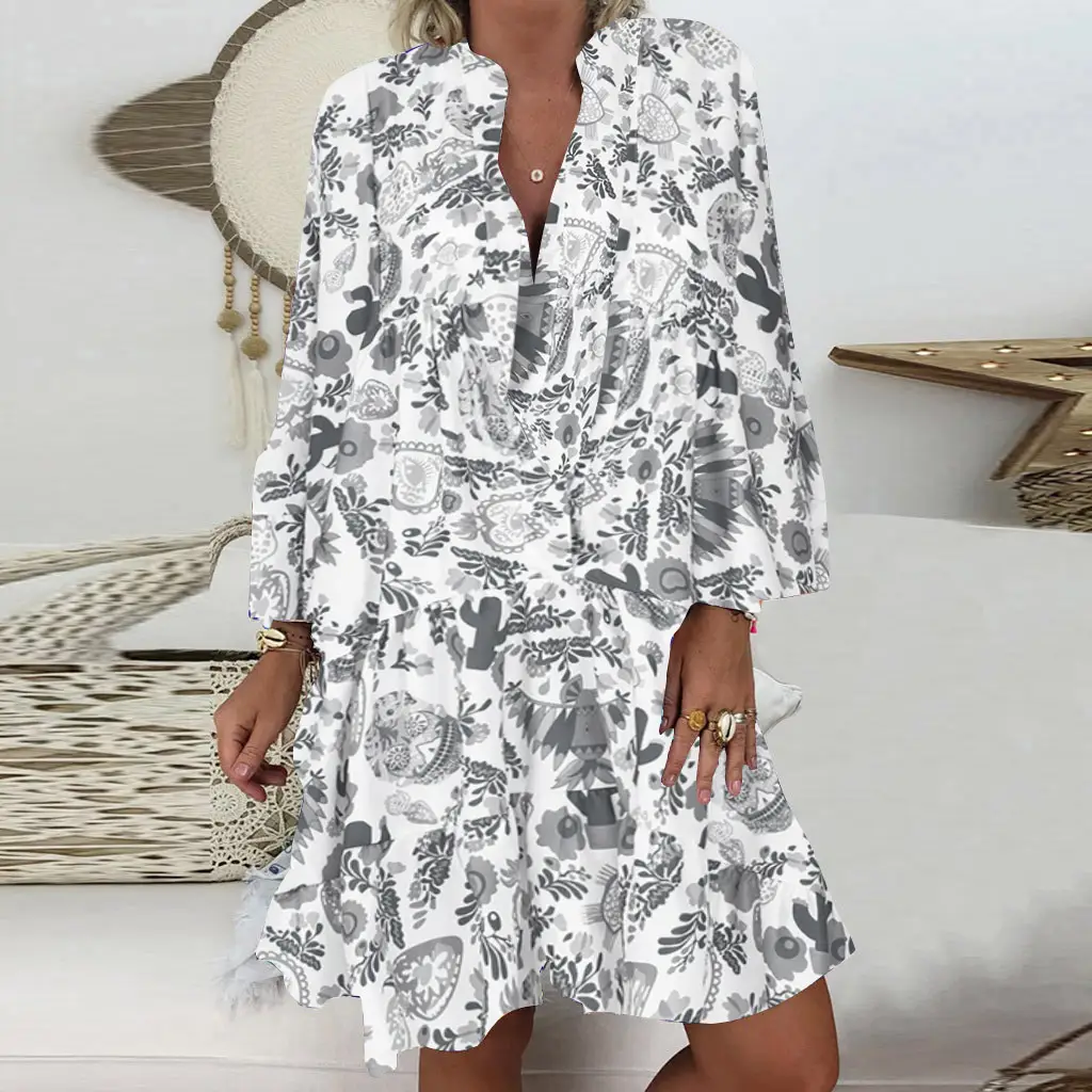 AliExpress V-Neck Printed Lotus Leaf Sleeve Dress Multi Color Large - Image 10
