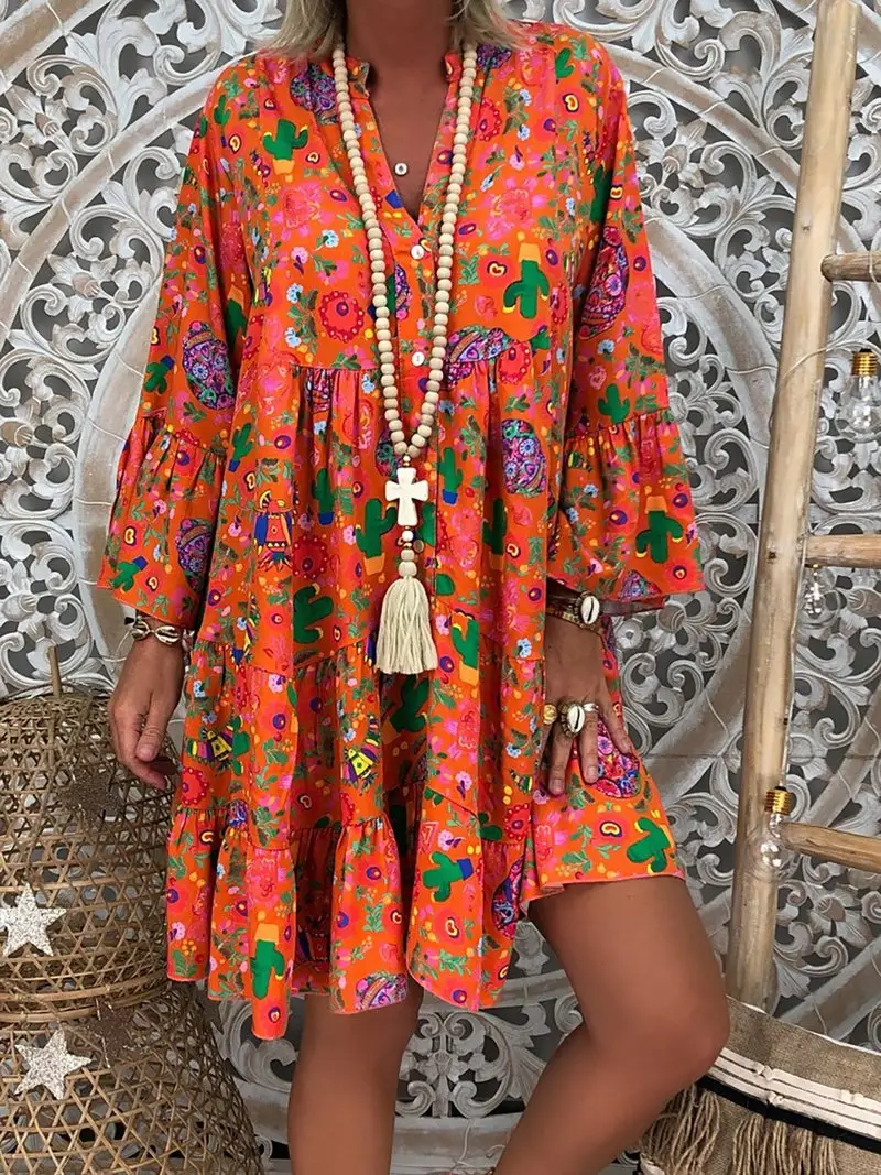 AliExpress V-Neck Printed Lotus Leaf Sleeve Dress Multi Color Large - Image 11