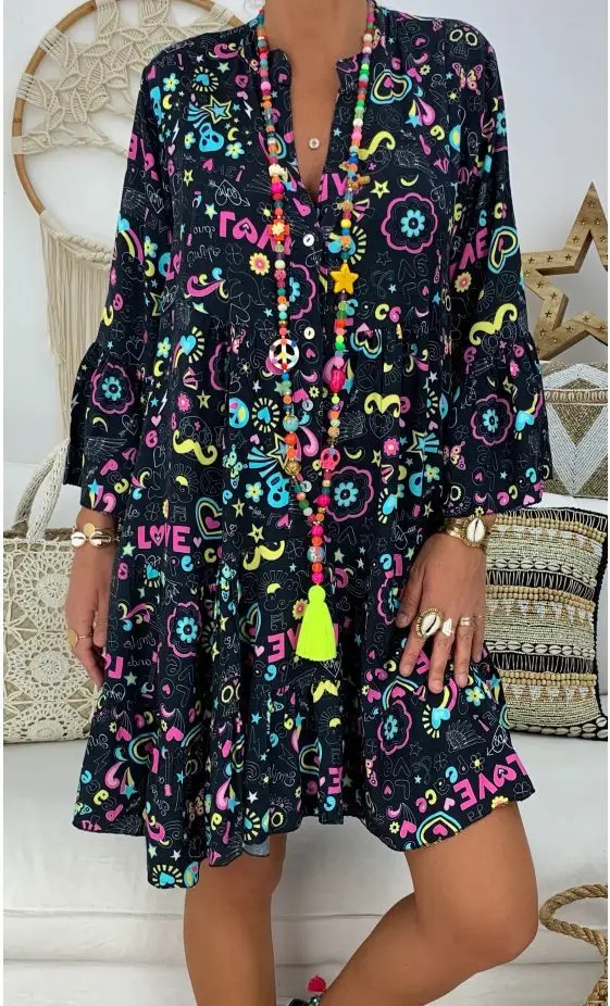 AliExpress V-Neck Printed Lotus Leaf Sleeve Dress Multi Color Large - Image 13