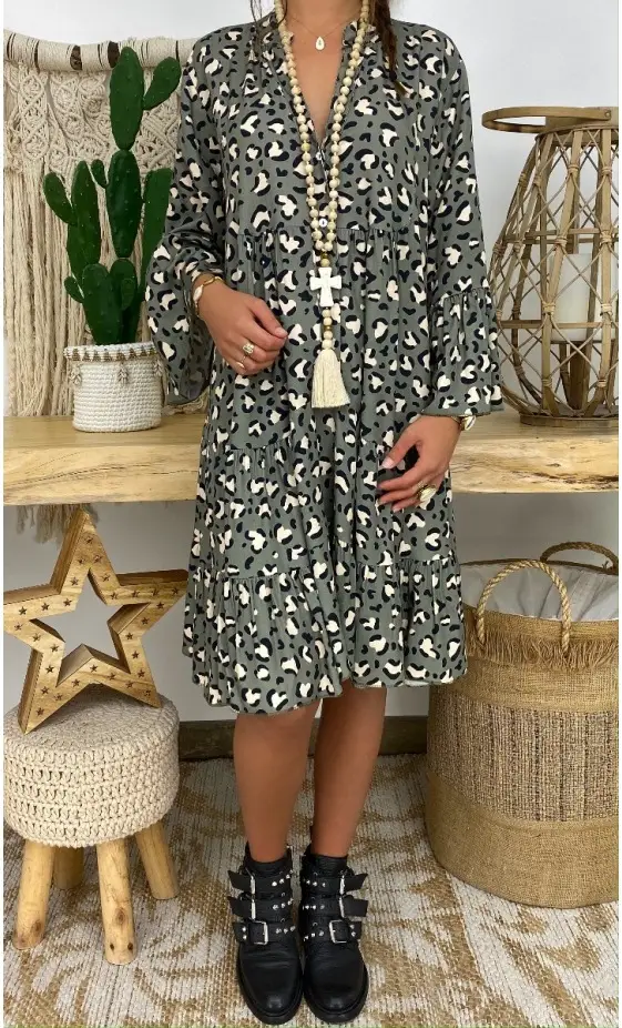 AliExpress V-Neck Printed Lotus Leaf Sleeve Dress Multi Color Large - Image 18