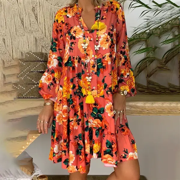 AliExpress V-Neck Printed Lotus Leaf Sleeve Dress Multi Color Large - Image 5