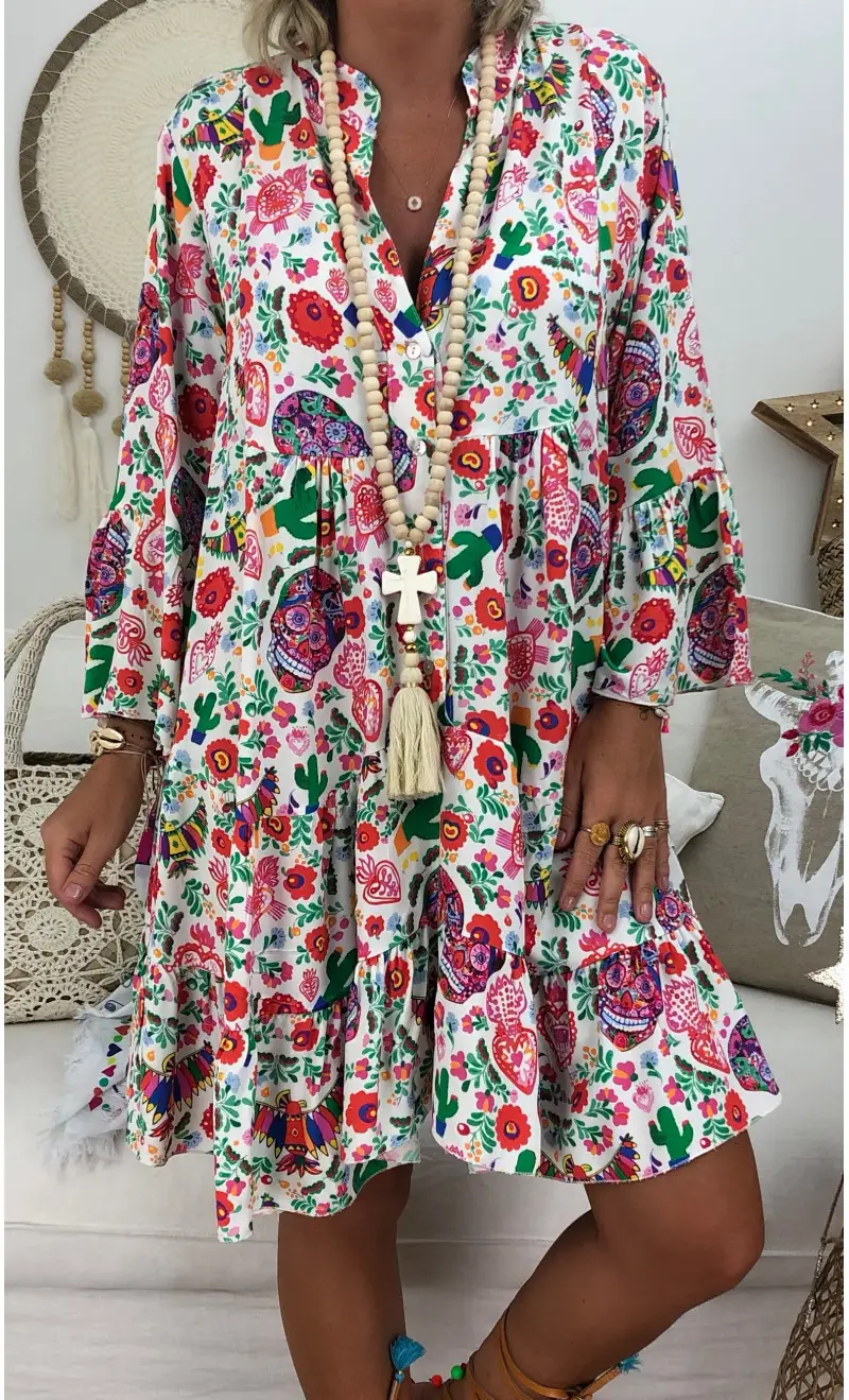 AliExpress V-Neck Printed Lotus Leaf Sleeve Dress Multi Color Large - Image 6