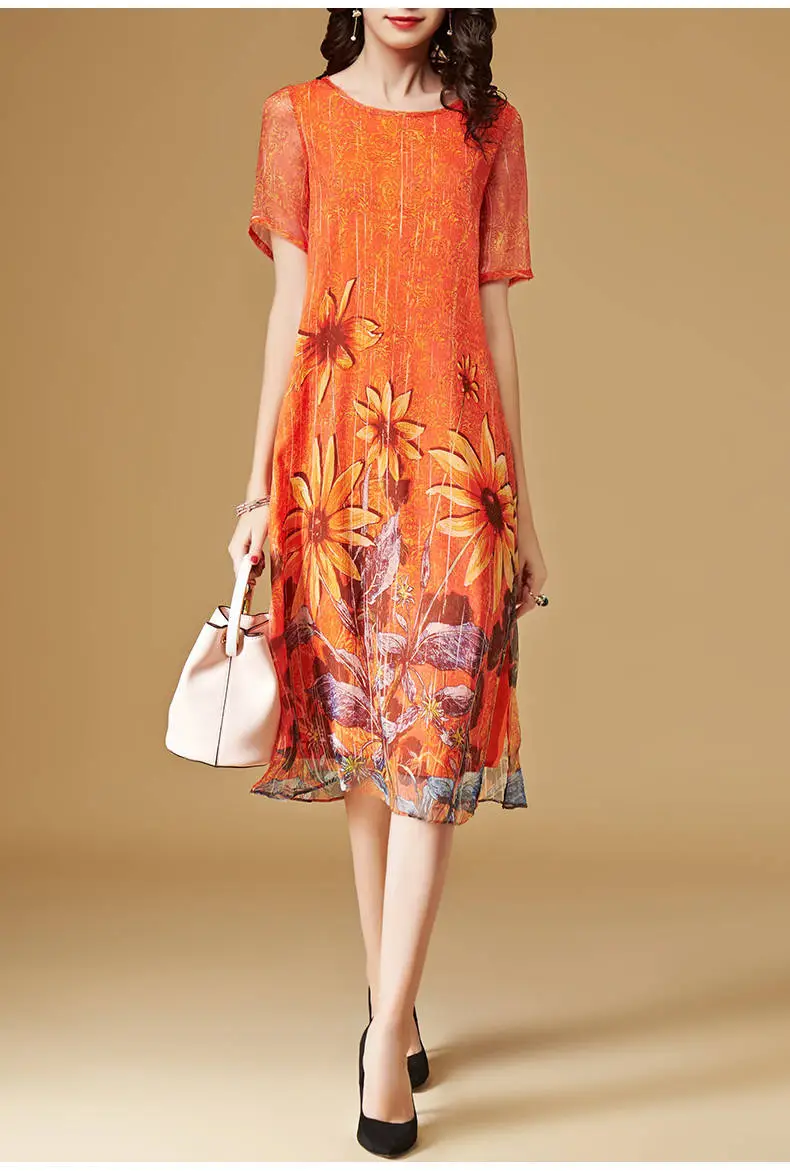 Women's Orange Printed Mid-Length Crewneck Dress — feature 6