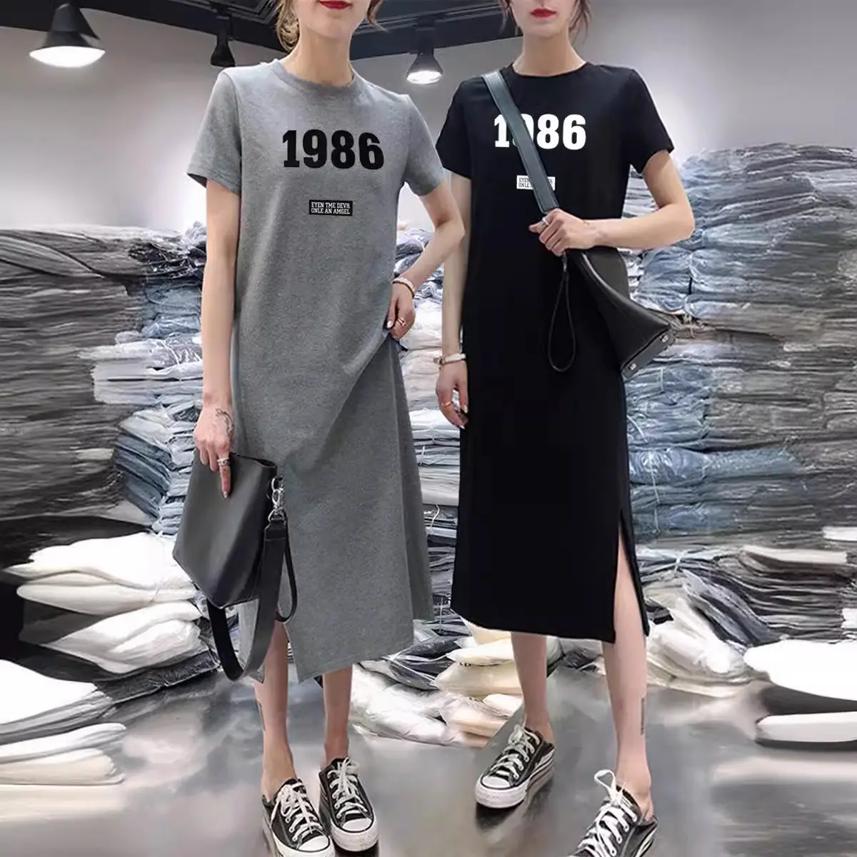Women 1986 Printed Black Slit Skirt Mid Length