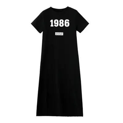 Women 1986 Printed Black Slit Skirt Mid Length