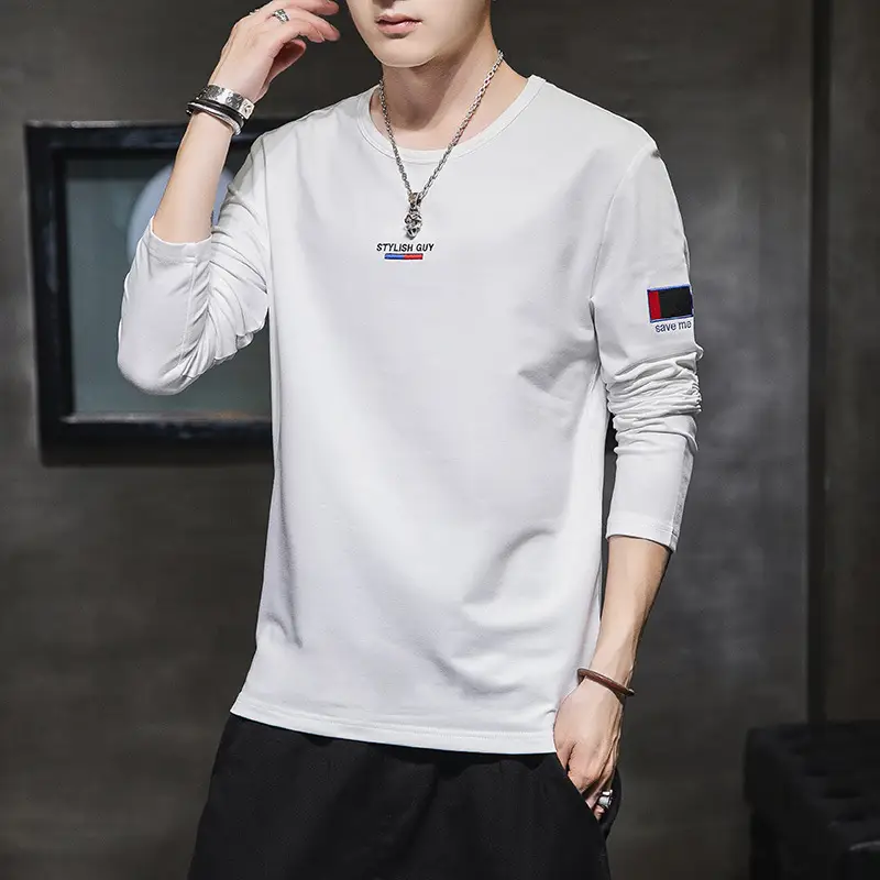 Men's White Cotton Long Sleeve T-Shirt with Logo Print - Image 6