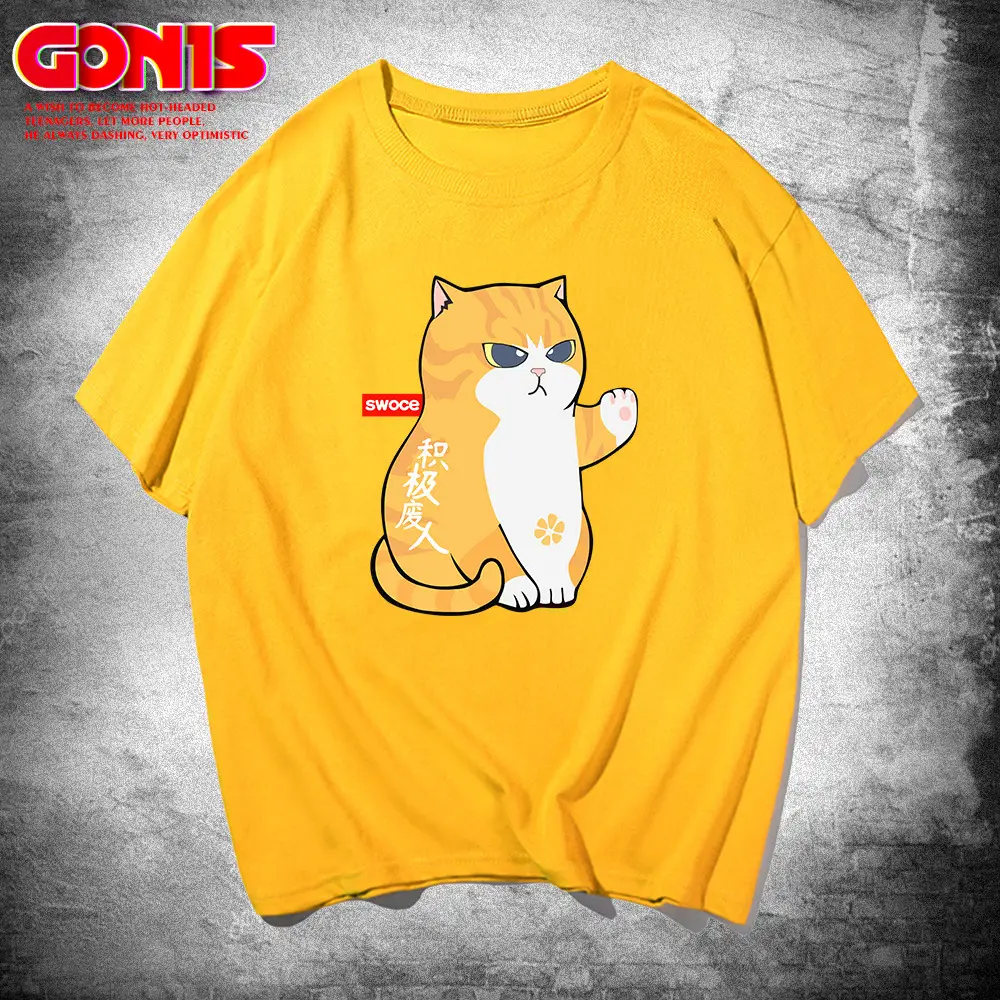 Men Pink Cartoon Cat T-Shirt Large Pure Cotton Summer - Image 3