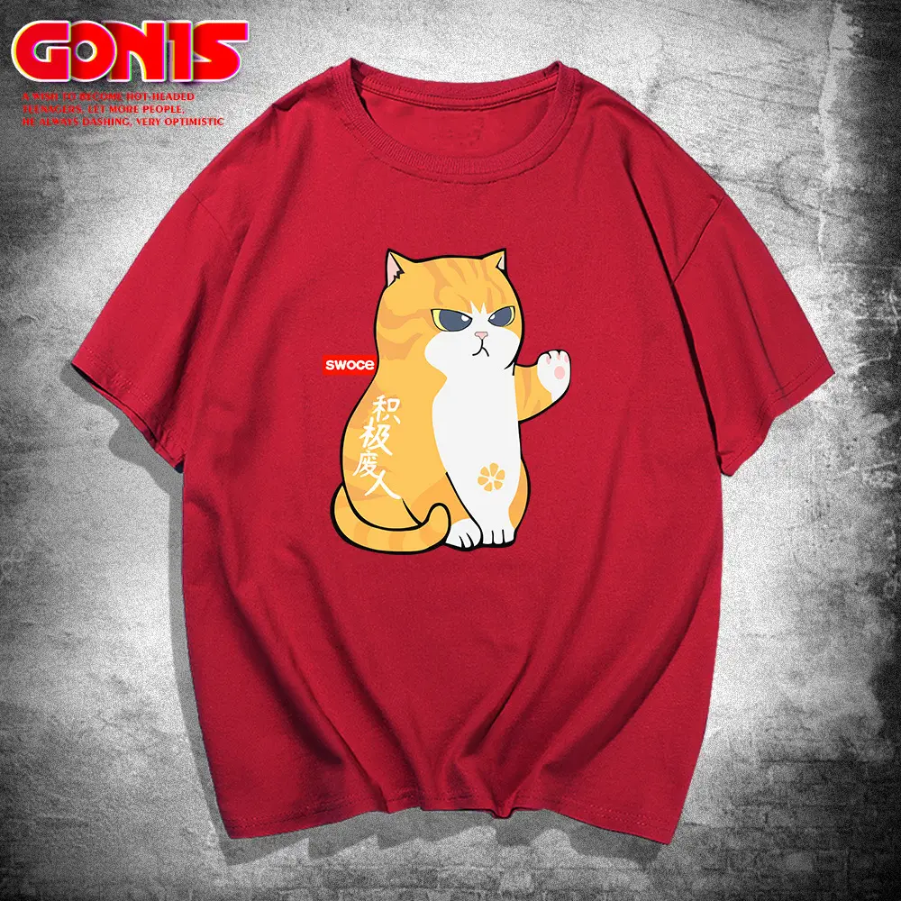 Men Pink Cartoon Cat T-Shirt Large Pure Cotton Summer - Image 4