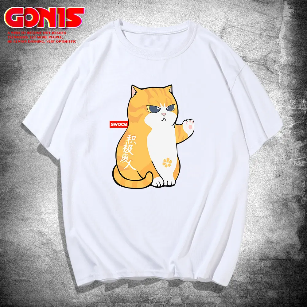Men Pink Cartoon Cat T-Shirt Large Pure Cotton Summer - Image 2