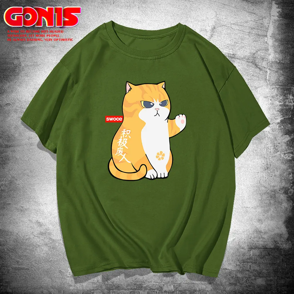 Men Pink Cartoon Cat T-Shirt Large Pure Cotton Summer - Image 6