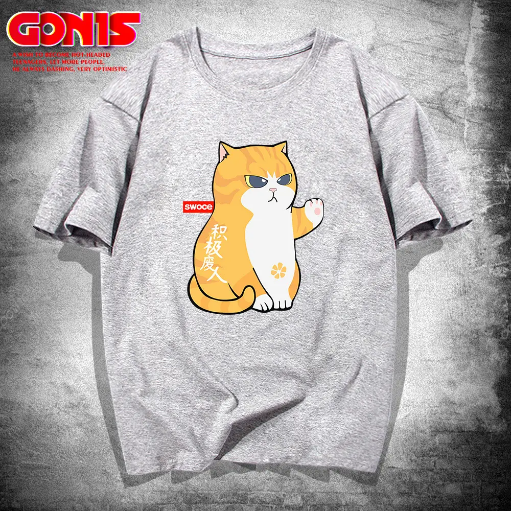 Men Pink Cartoon Cat T-Shirt Large Pure Cotton Summer - Image 7