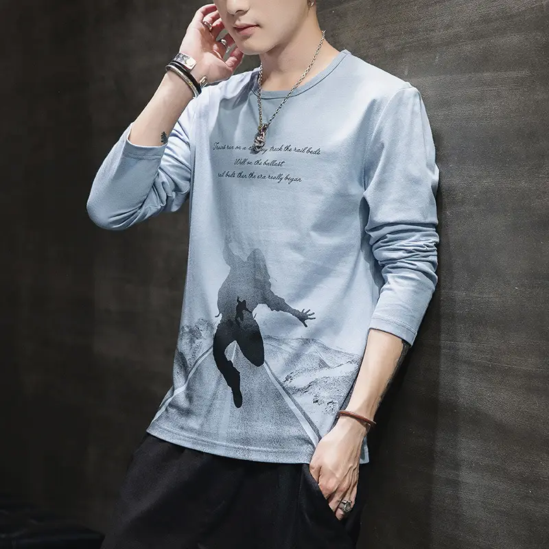 Men Long Sleeve T-Shirt Pure Cotton Autumn Grey - Image 6