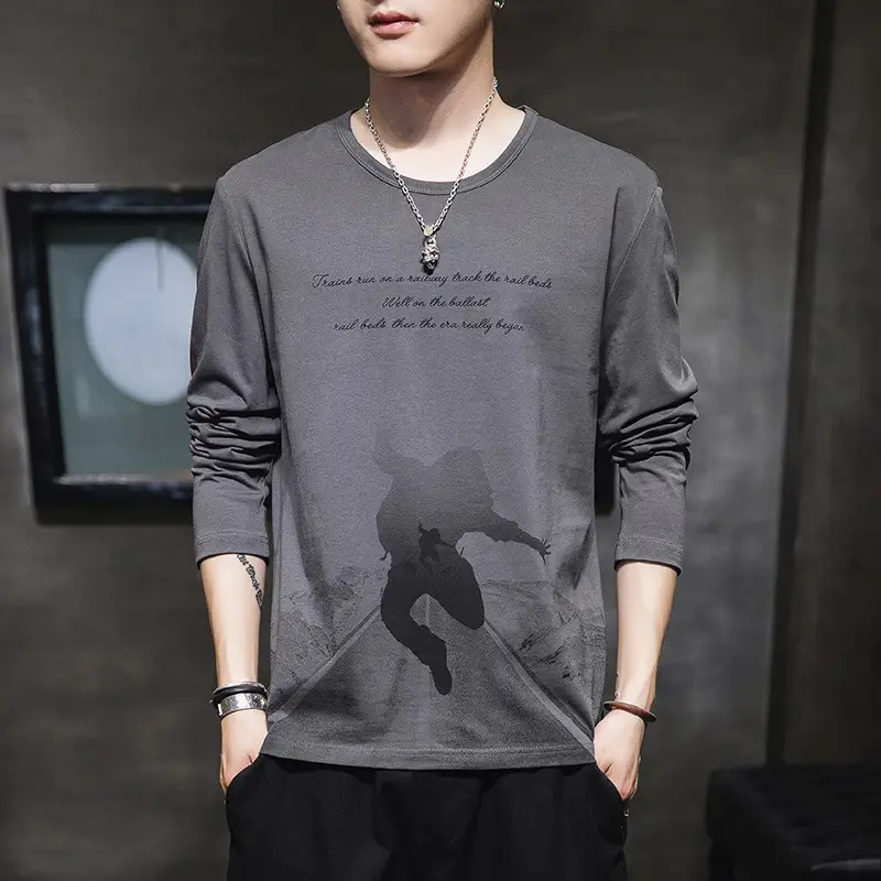 Men Long Sleeve T-Shirt Pure Cotton Autumn Grey - Image 7