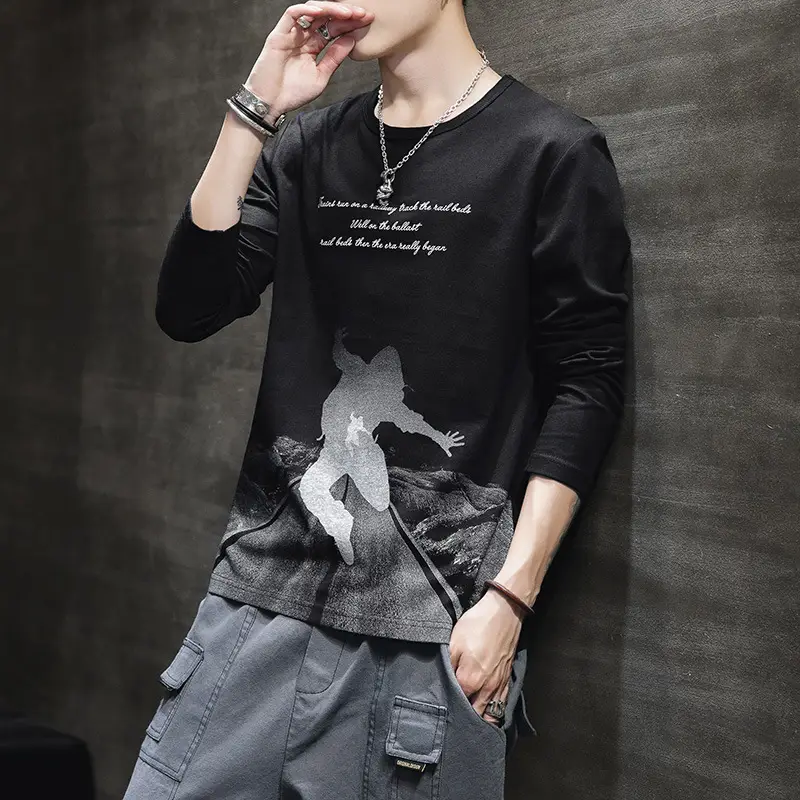 Men Long Sleeve T-Shirt Pure Cotton Autumn Grey - Image 8