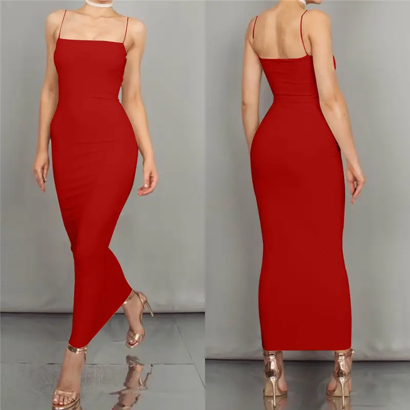 Red Long-Suspender Slim Fit Dress for Women - Image 11