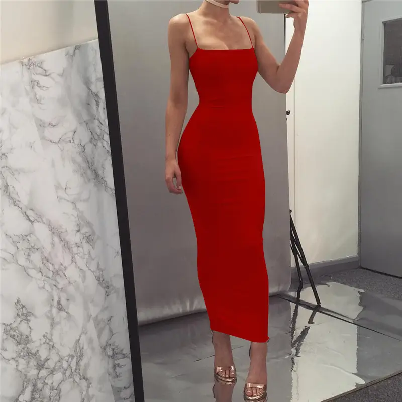 Red Long-Suspender Slim Fit Dress for Women - Image 14