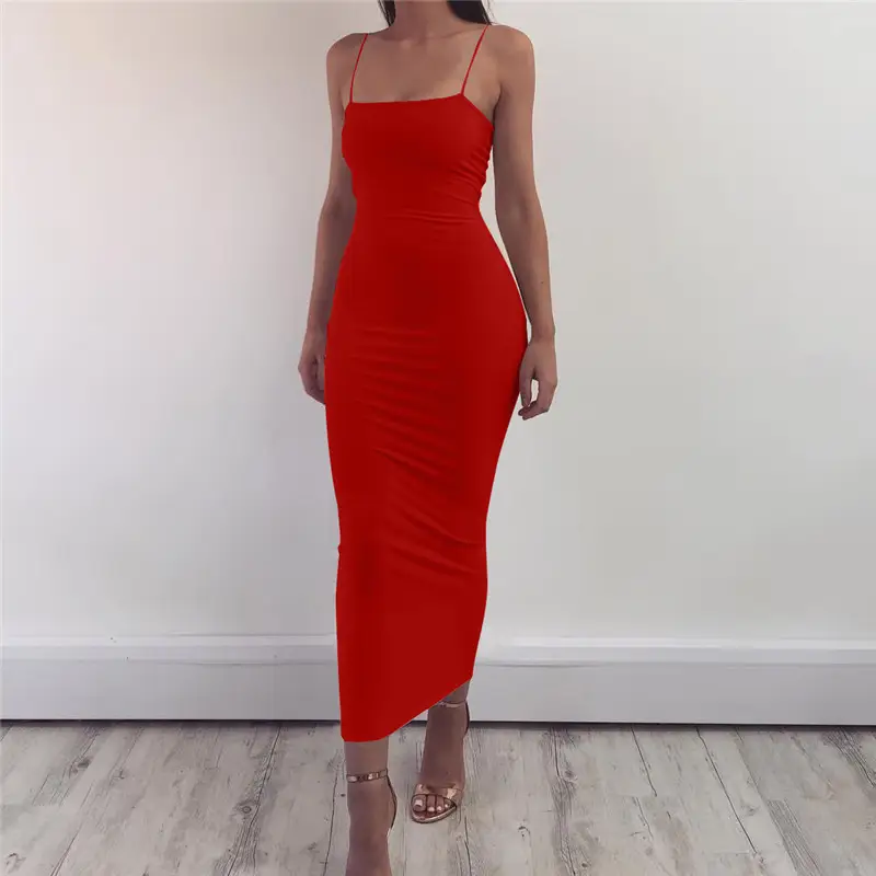 Red Long-Suspender Slim Fit Dress for Women - Image 4