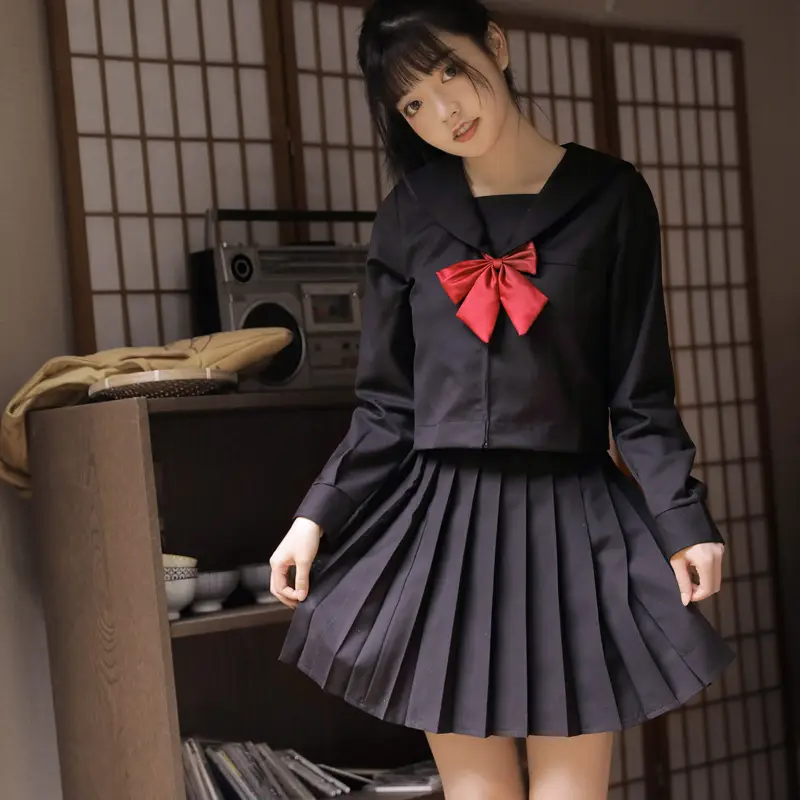 Black Japanese JK Uniform Skirt with Red Bow - Image 4