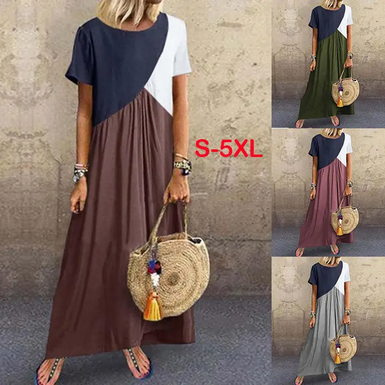 Women Geometric Stitched Dress Large Size Contrast Color Casual Wear - Image 3