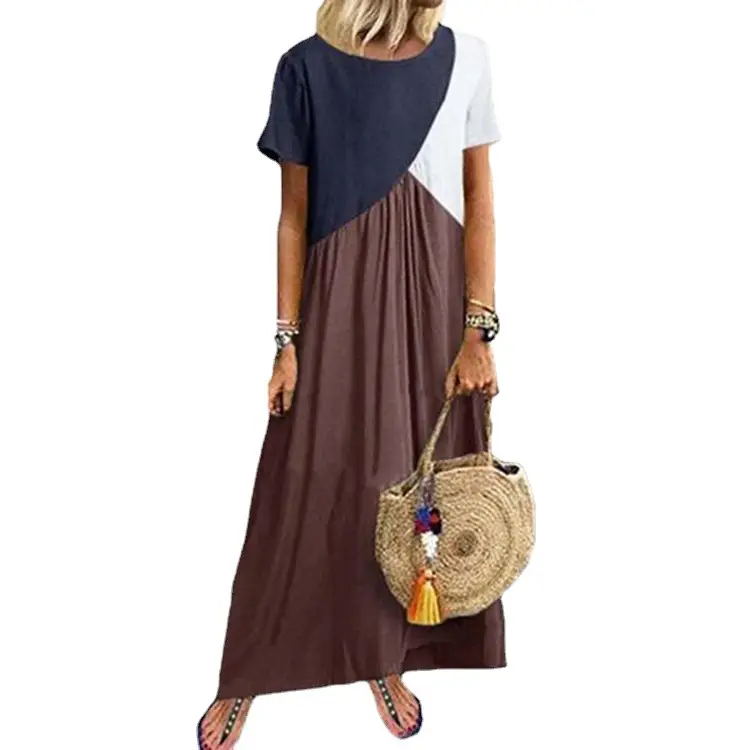 Women Geometric Stitched Dress Large Size Contrast Color Casual Wear - Image 7