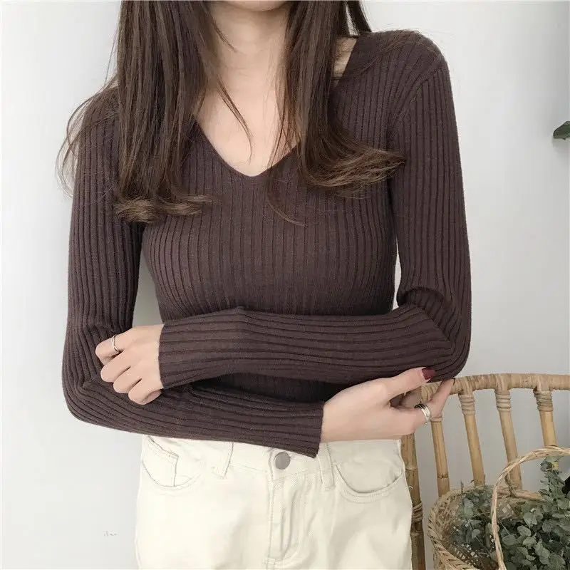 Women Black V Neck Knitted Long Sleeve Slim Fit Top - Image 9