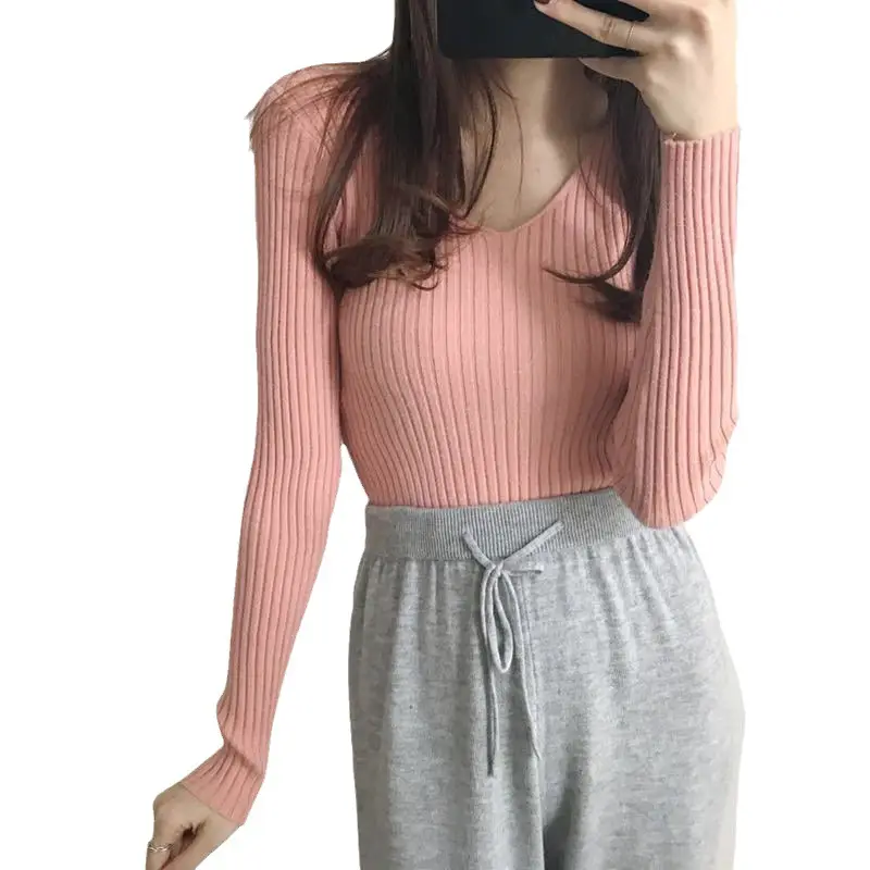 Women Black V Neck Knitted Long Sleeve Slim Fit Top - Image 12