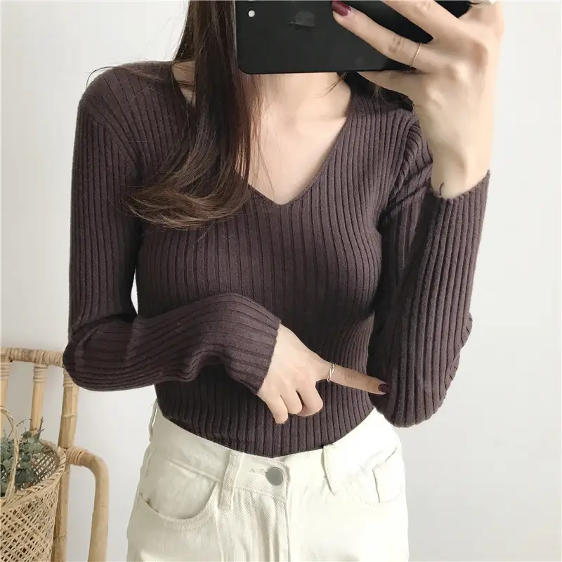 Women Black V Neck Knitted Long Sleeve Slim Fit Top — feature 10