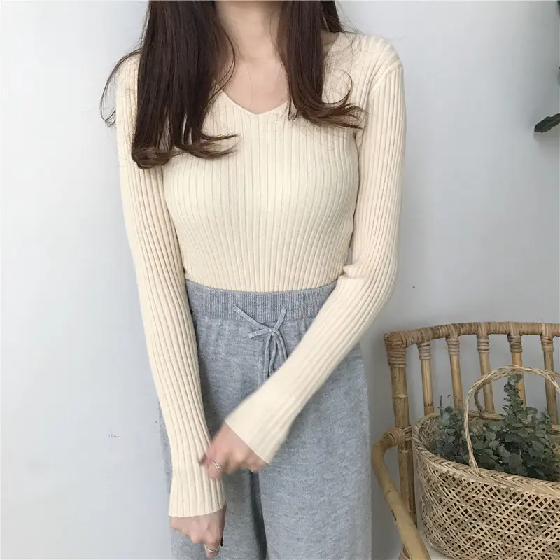 Women Black V Neck Knitted Long Sleeve Slim Fit Top — feature 6
