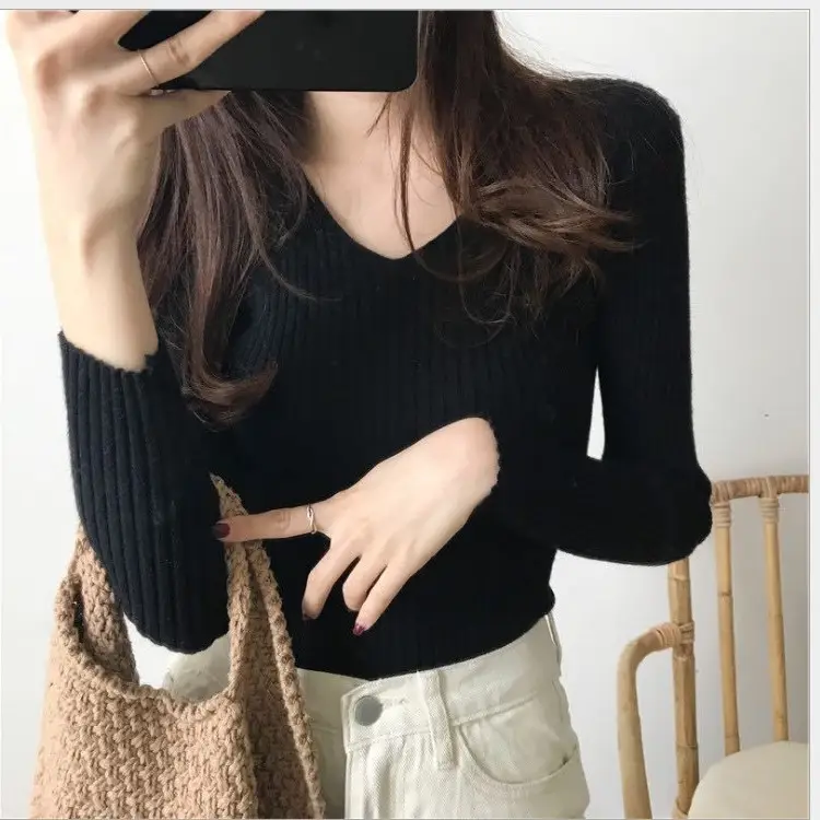 Women Black V Neck Knitted Long Sleeve Slim Fit Top - Image 4