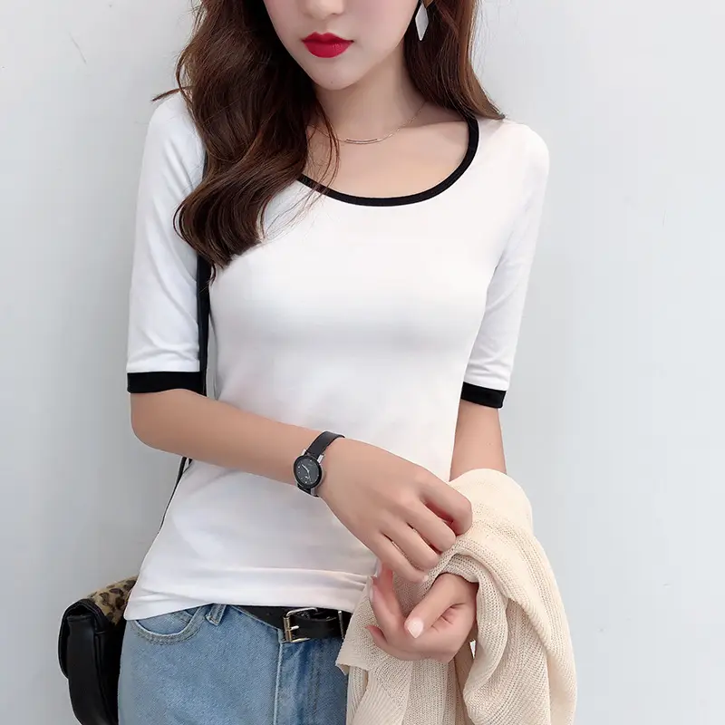 Women Black Crewneck T-Shirt 2021 Cotton Slim Fit