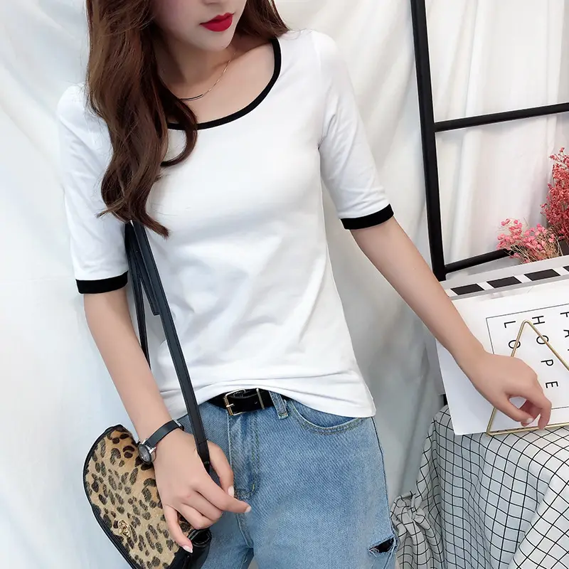 Women Black Crewneck T-Shirt 2021 Cotton Slim Fit