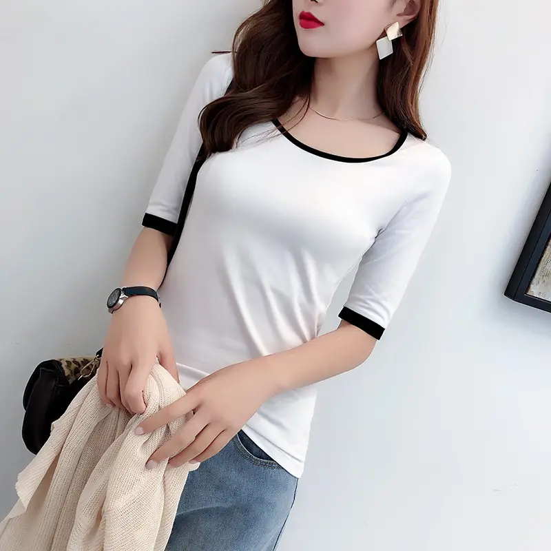 Women Black Crewneck T-Shirt 2021 Cotton Slim Fit