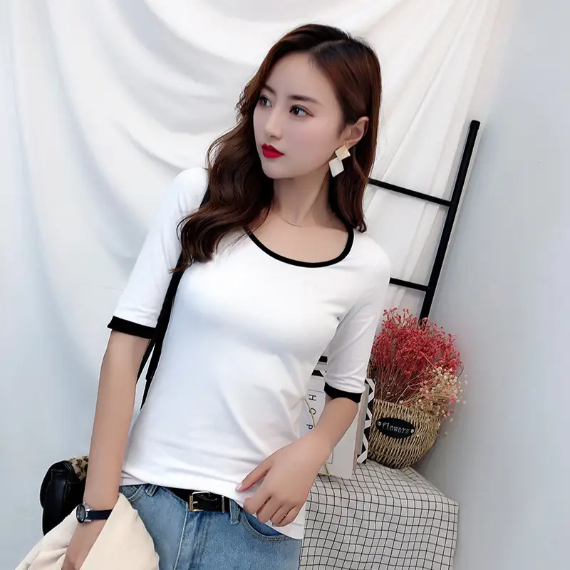 Women Black Crewneck T-Shirt 2021 Cotton Slim Fit