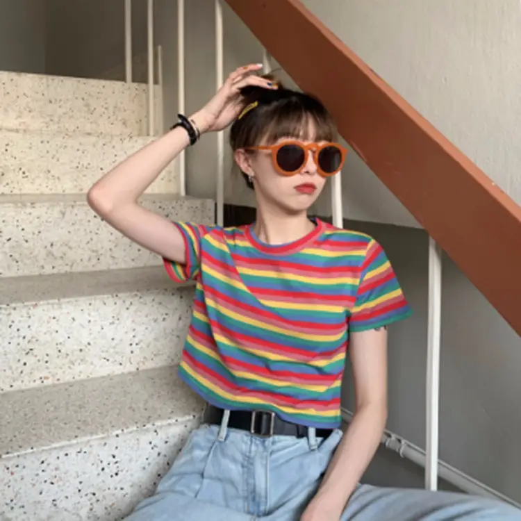 Women Rainbow Striped T-Shirt 2022 - Image 4
