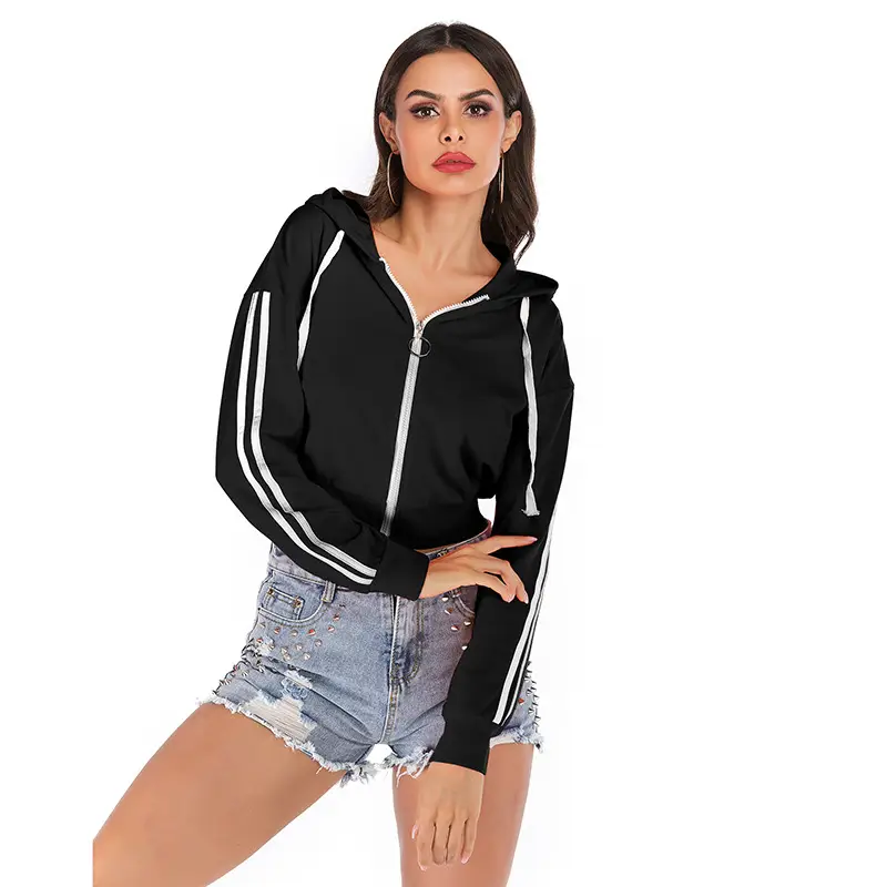 Women's Black Zipper Hooded Sweatshirt Jacket with Long Sleeves - Image 5