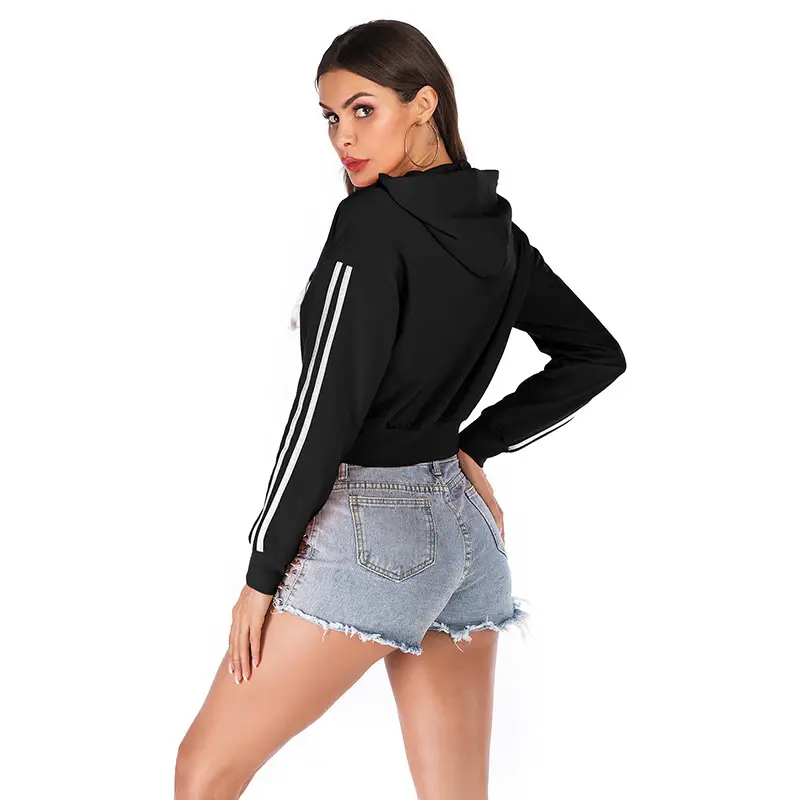 Women's Black Zipper Hooded Sweatshirt Jacket with Long Sleeves - Image 7