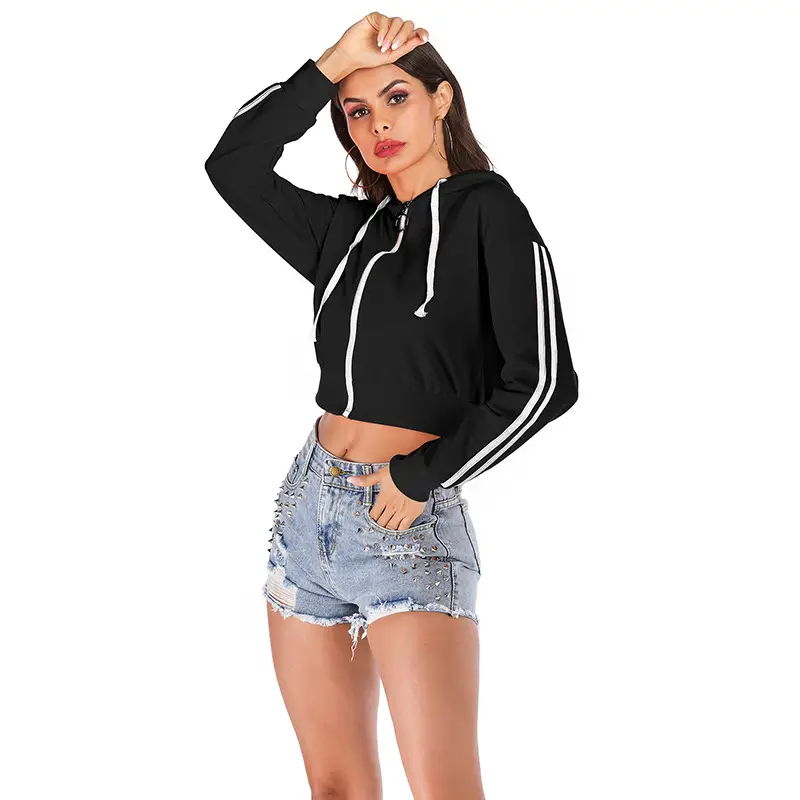 Women's Black Zipper Hooded Sweatshirt Jacket with Long Sleeves - Image 8