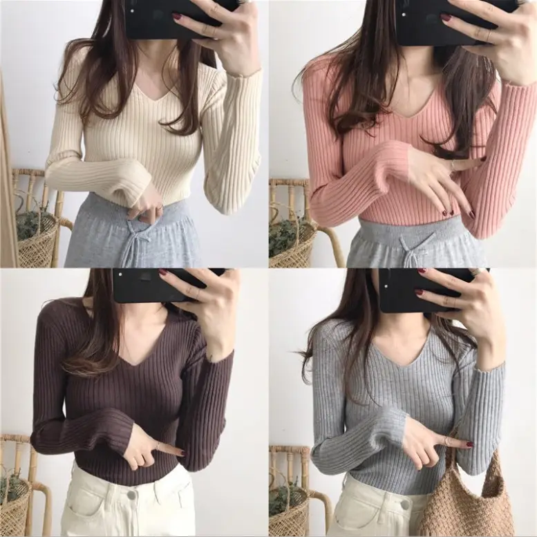 Women V-Neck Knitted Sweater Slim Fit Beige - Image 8